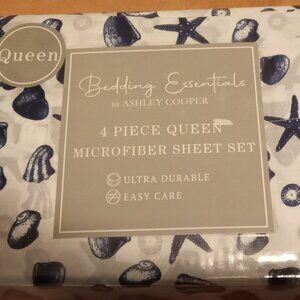 Sheet Set Queen 4 piece Ashley Cooper Bedding Essential Blue Seashells New